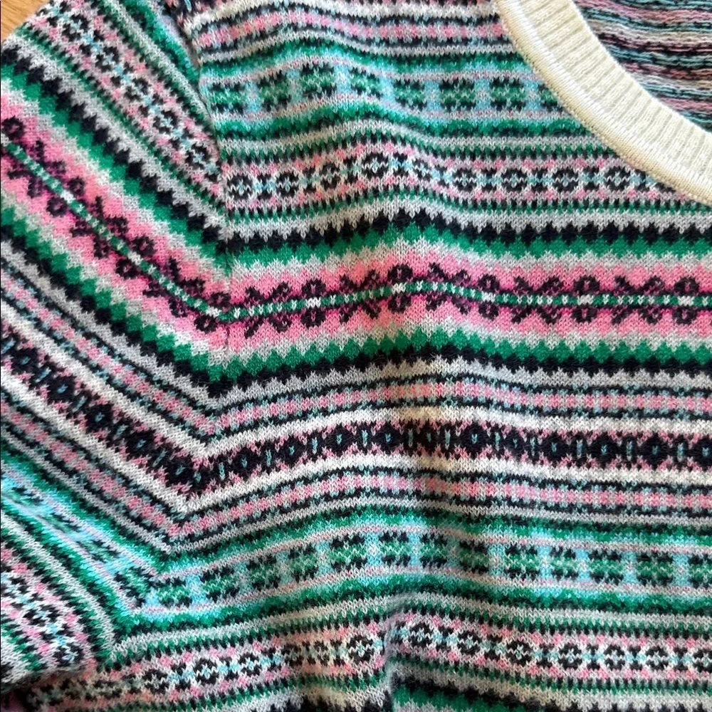 NWOT Talbots Striped Fair Isle Sweater Lamb Wool Size XL Soft Pink Green